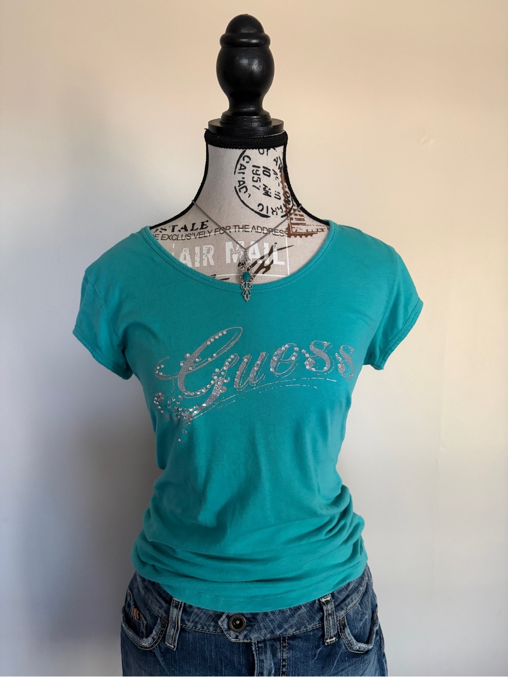 Y2K Guess Teal Rhinestone Short Sleeve Model Off Duty Baby Tee - Picture 3 of 13